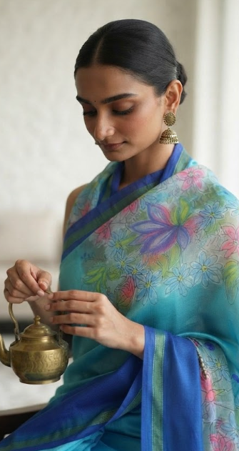 Azure Bloom: Hand-Painted Linen Saree with Floral Art