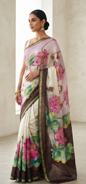 Ethereal Blossom: Hand-Painted Satin Silk Saree with Lotus Art
