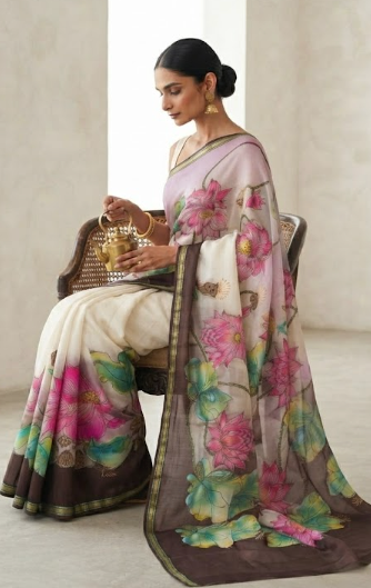 Ethereal Blossom: Hand-Painted Satin Silk Saree with Lotus Art