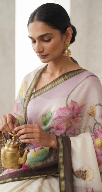 Ethereal Blossom: Hand-Painted Satin Silk Saree with Lotus Art