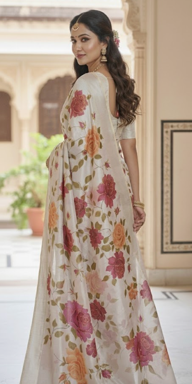 Hand-Painted Floral Silk Saree