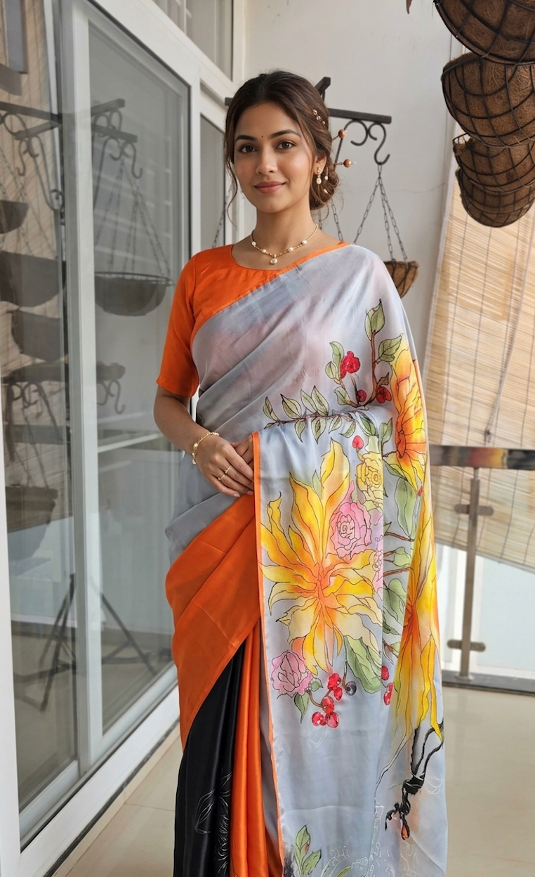 Handcrafted satin silk saree